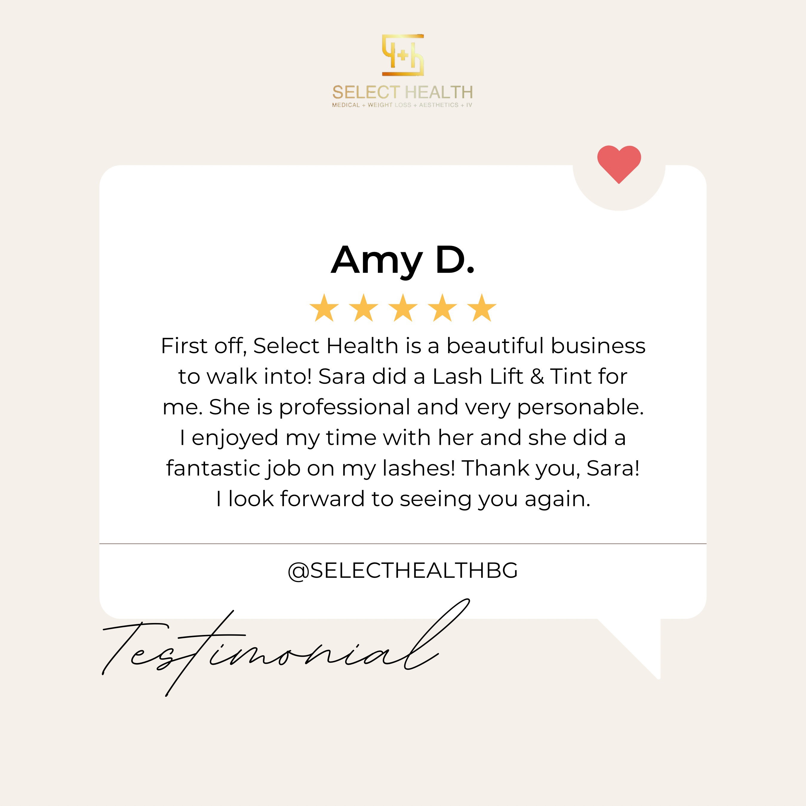 Five-star testimonial from Amy D. about a positive lash lift and tint experience with Sara