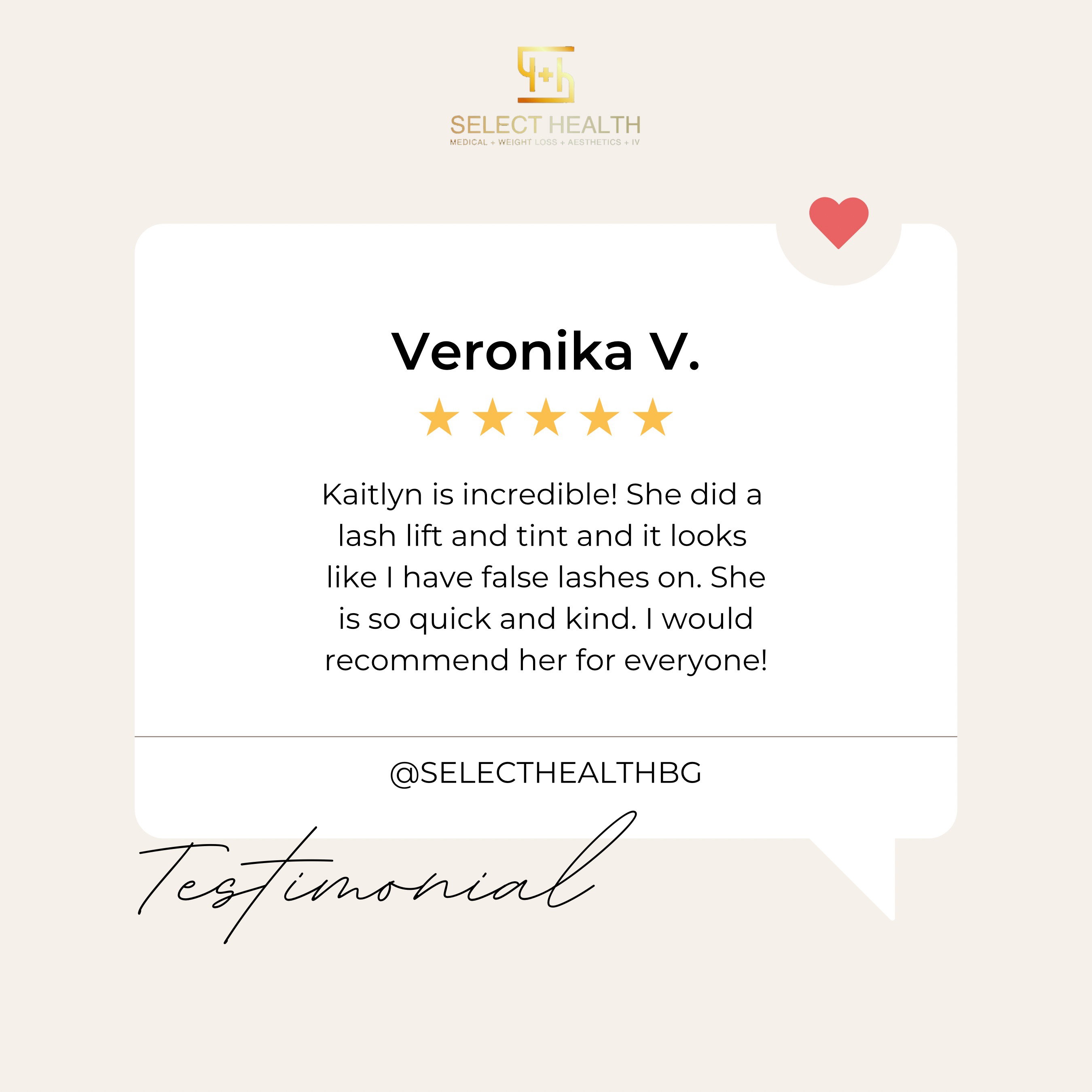 Five-star testimonial from Veronika V. praising Kaitlyn's lash lift and tint